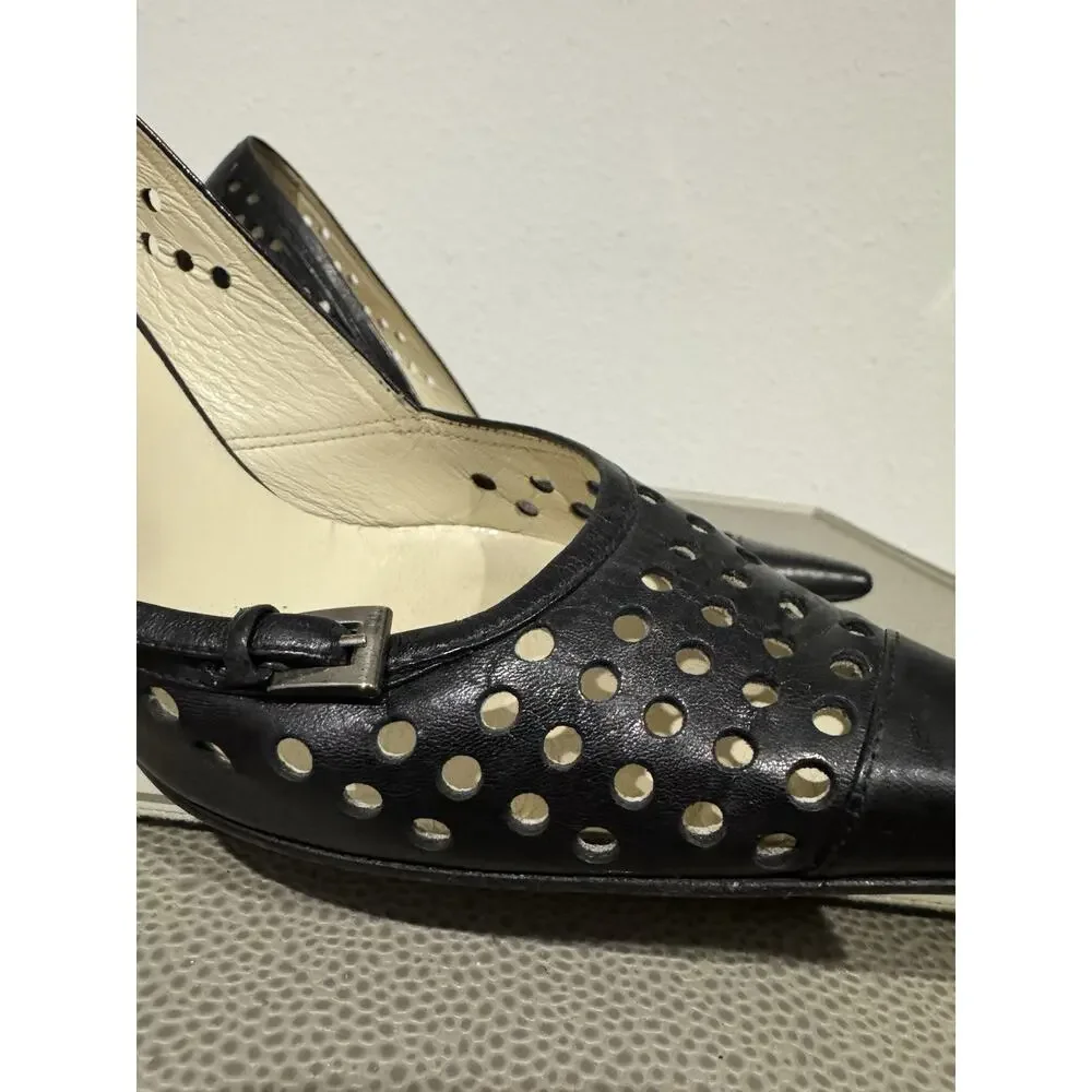 PRADA Y2K Pumps Heel Leather Black Point Toe Cutout Sz 37.5 / 7.5